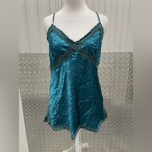 Y2K Blue Satin Crinkle Lace Trim Babydoll Cami Top Large Fairycore Mermaidcore